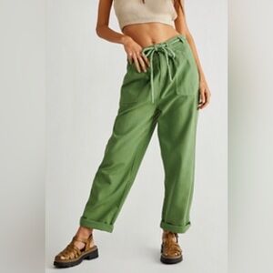 Free People Sage Green Wide-Leg Tie-Waist Pants